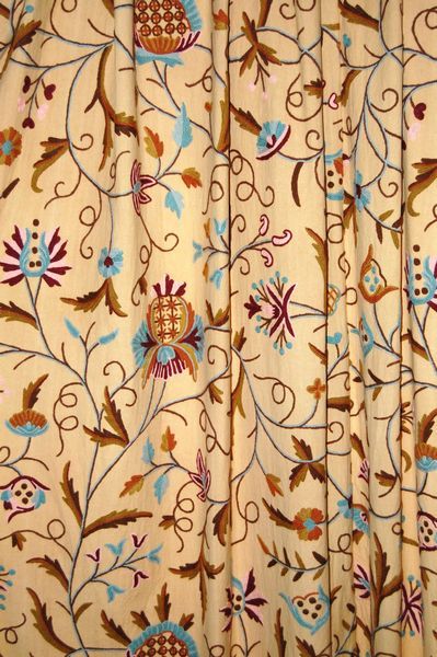 Custom Crewel Embroidered Fabric Beige, Multicolor Embroidery #3327