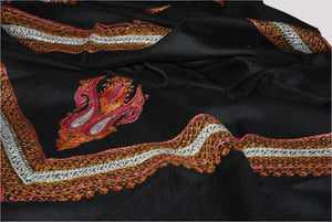 Hand Embroidered Woolen Shawl Black, Silver "Tilla" and Sozni Embroidery #WS-938