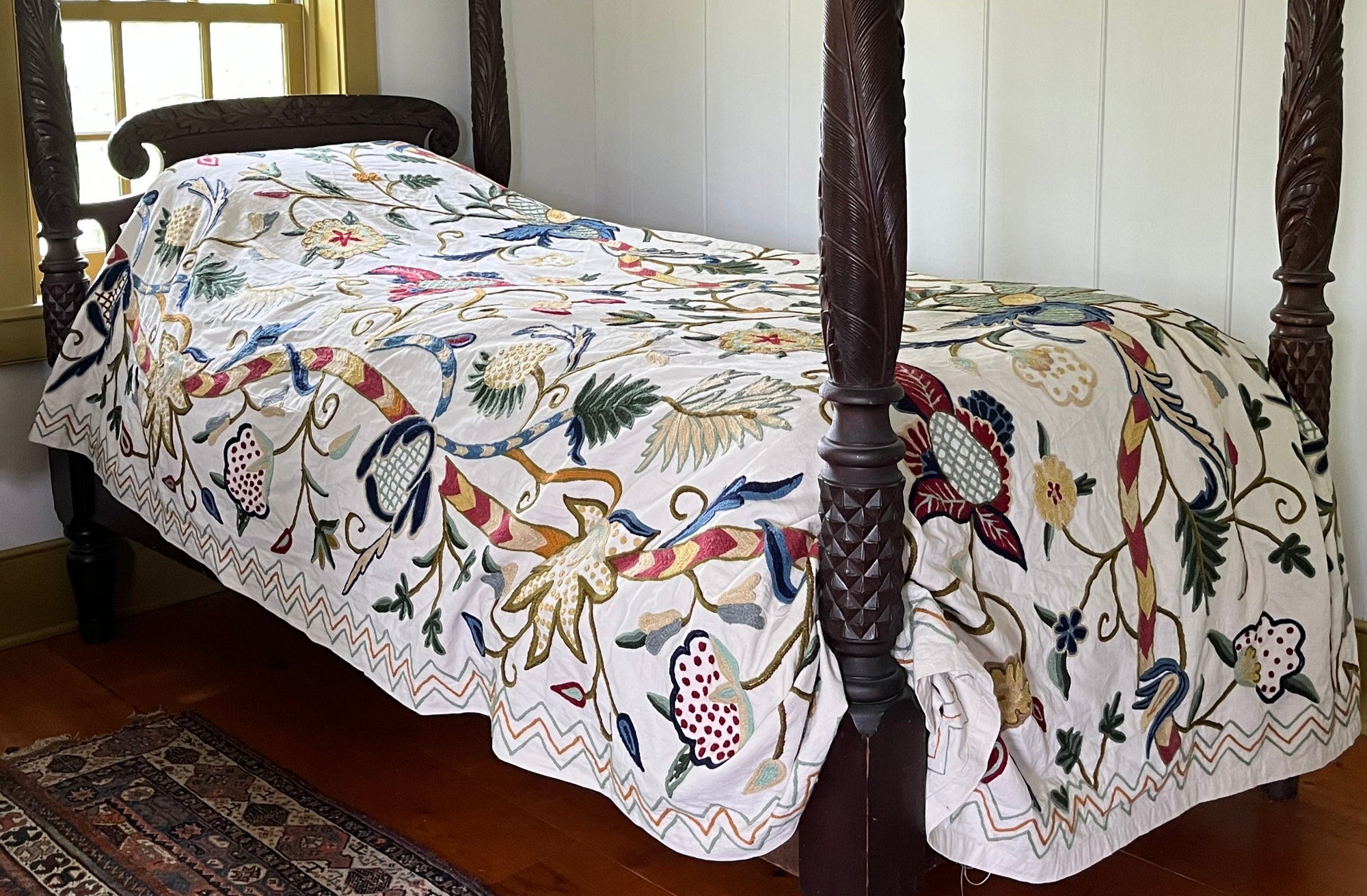 Cotton Crewel Embroidered Bedspread Off-White, Multicolor #FLR1354