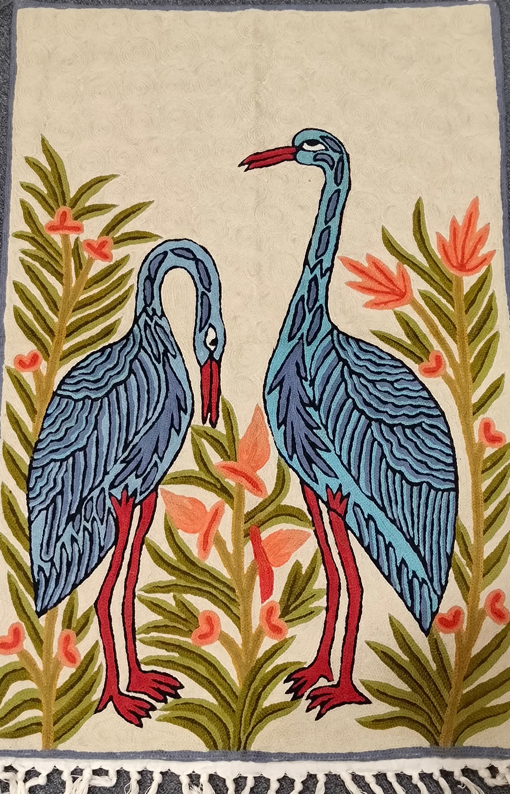 Chain Stitch Tapestry Wool Rug "Birds", Multicolor Embroidered 2x3 feet #CWR6128