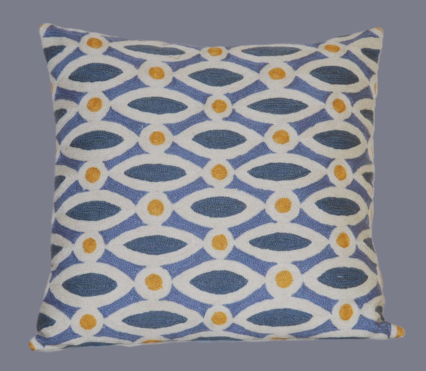 Cotton Crewel Pillow Cushion Cover, Grey and Gold Embroidery #CW-1101