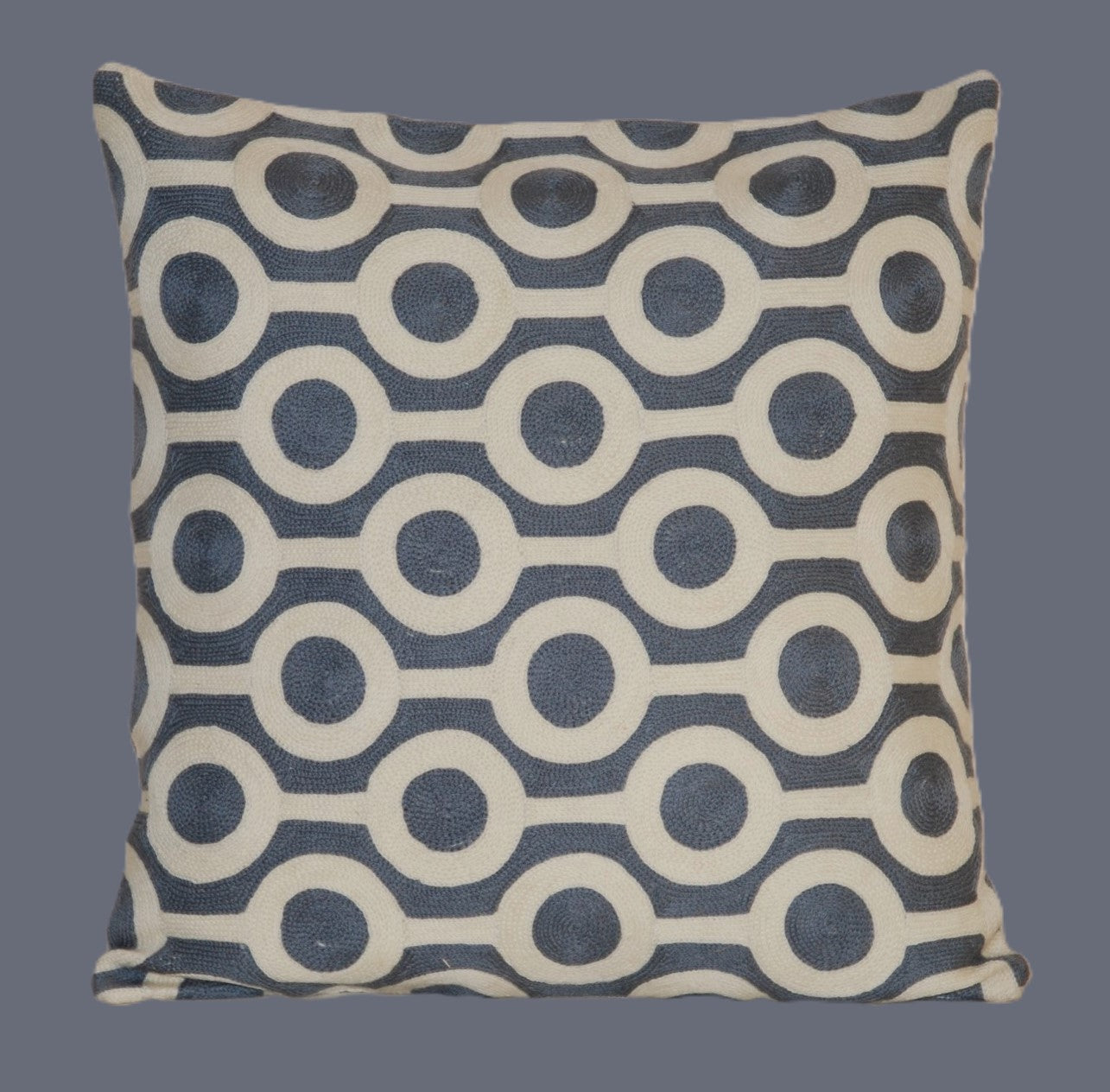 Crewel Wool Embroidered Cushion Cover, Grey and White Embroidery #CW-1102