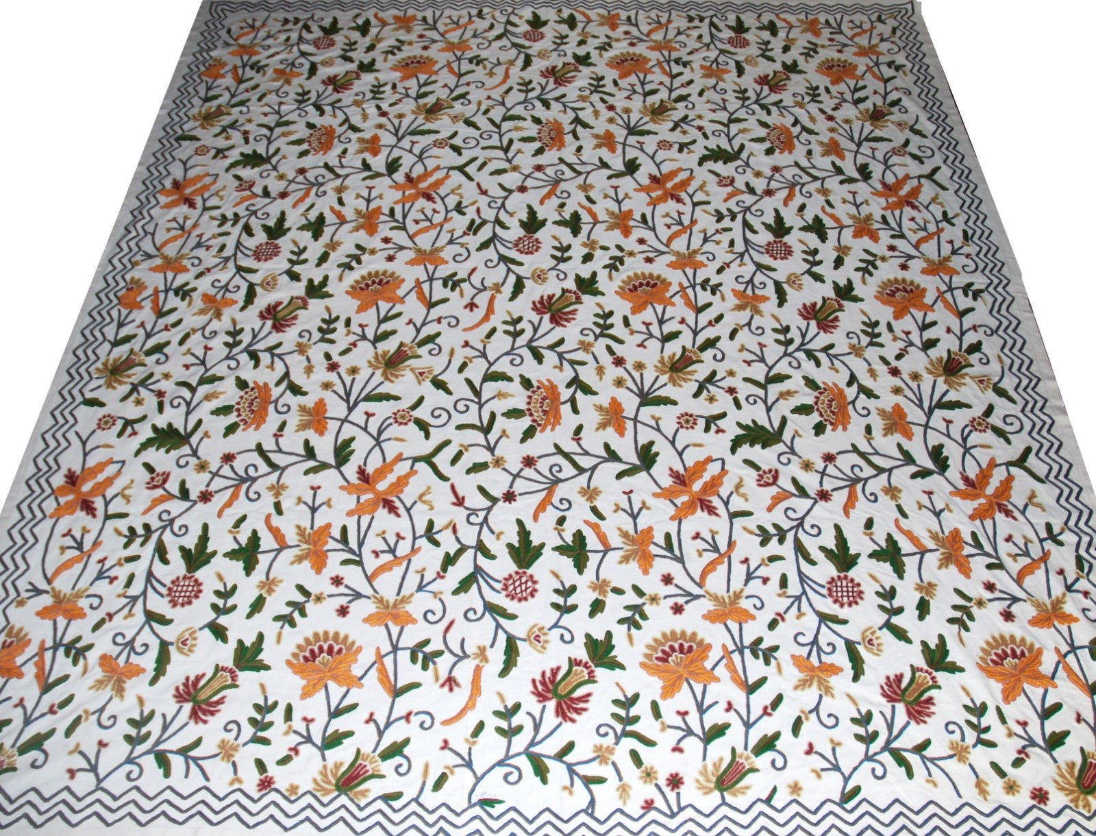 Cotton Crewel Embroidered Bedspread Off-White, Multicolor #FLR1106