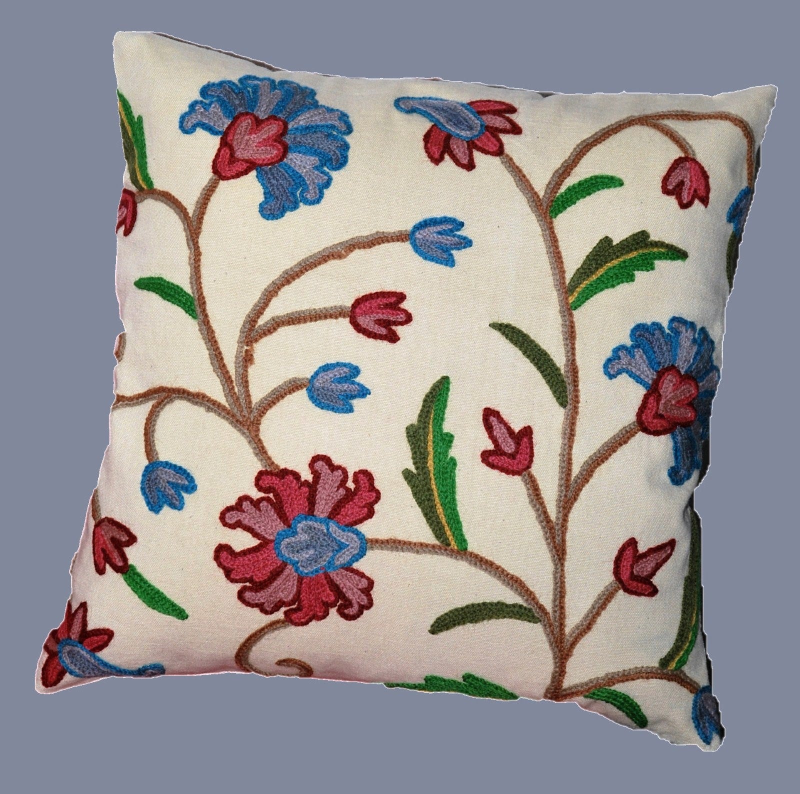 Cotton Crewel Pillow Cushion Cover Beige, Multicolor #CW226