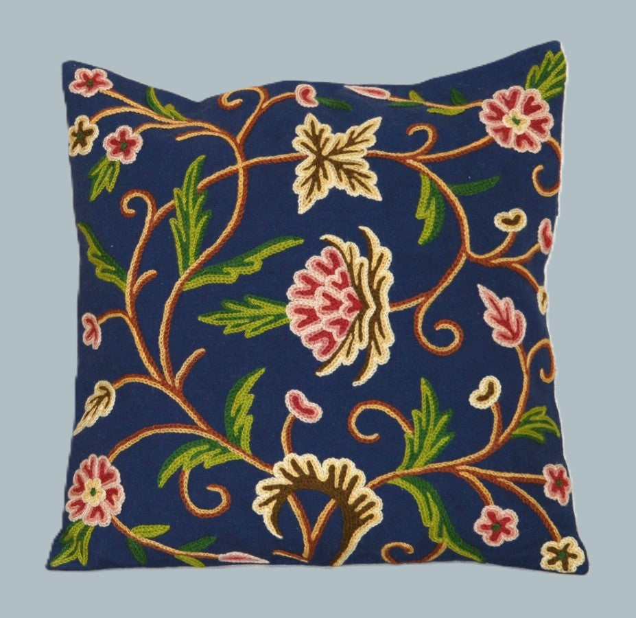 Cotton Crewel Pillow Cushion Cover Navy, Multicolor #CW232