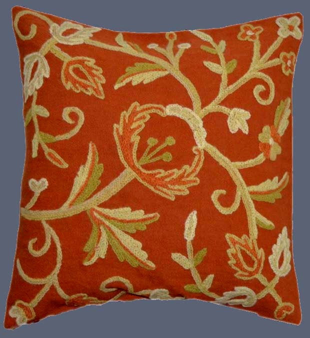 Cotton Crewel Pillow Cushion Cover Rust, Multicolor #CW238