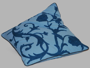 Cotton Crewel Pillow Cushion Cover, Sky Blue Tone-Tone Embroidery  #CW260