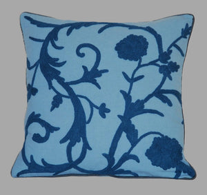 Cotton Crewel Pillow Cushion Cover, Sky Blue Tone-Tone Embroidery  #CW260