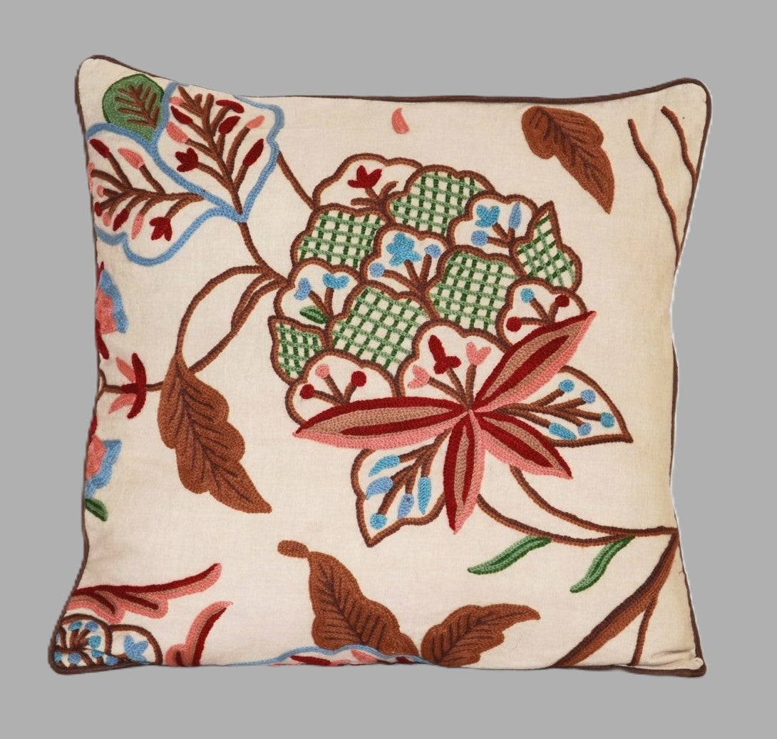 Cotton Crewel Pillow Cushion Cover Beige, Multicolor #CW271