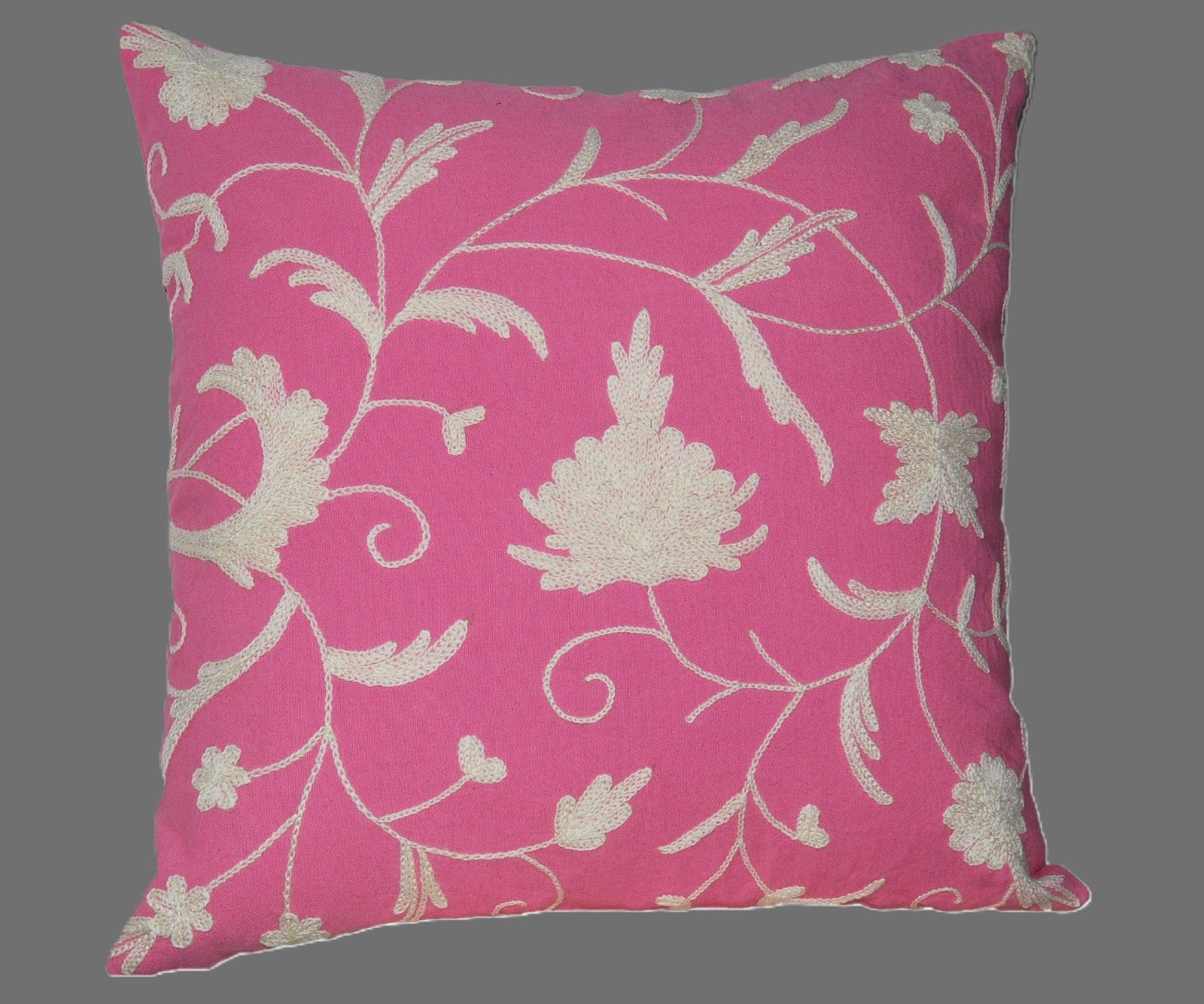 Cotton Crewel Pillow Cushion Cover Floral, White on Pink #CW311