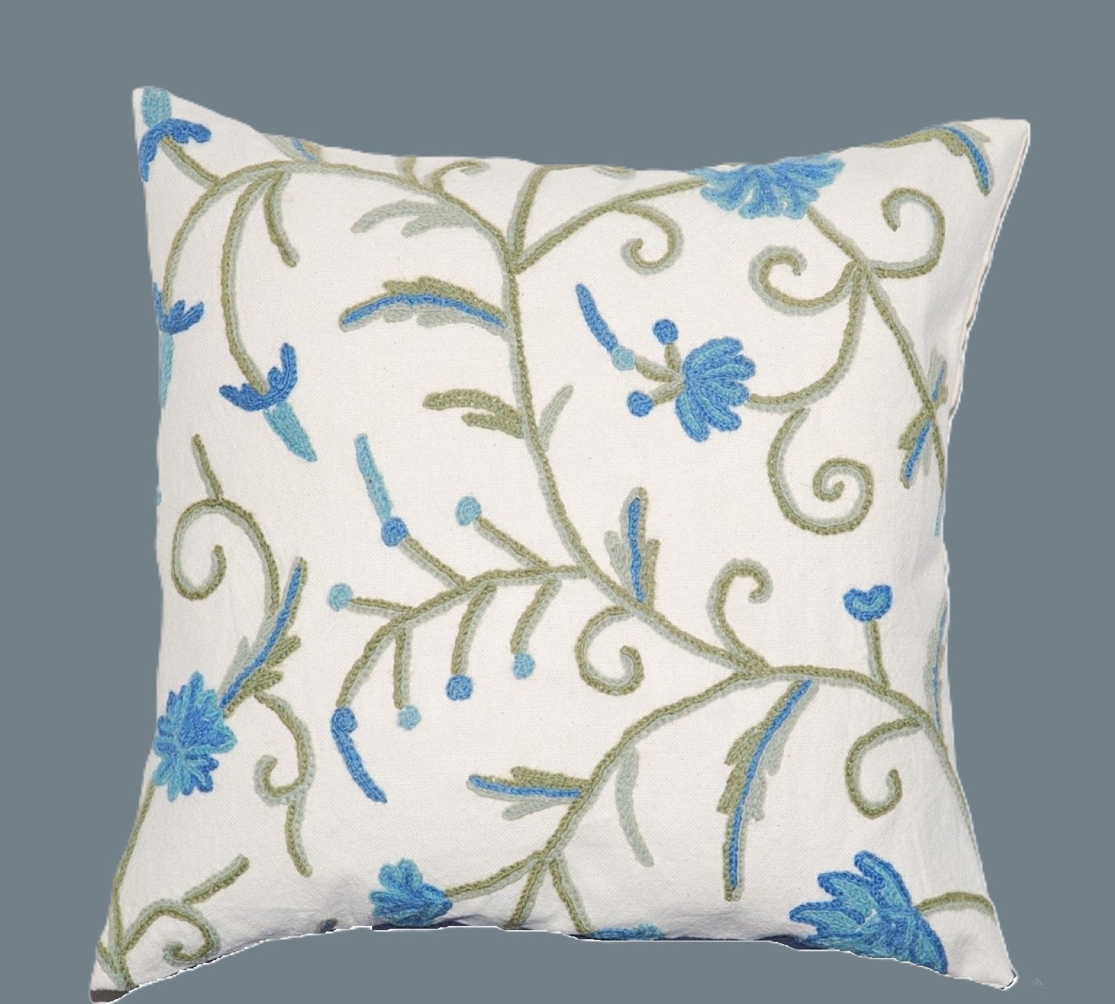 Cotton Crewel Pillow Cushion Cover "Jacobean", Blue and Green on White #CW312