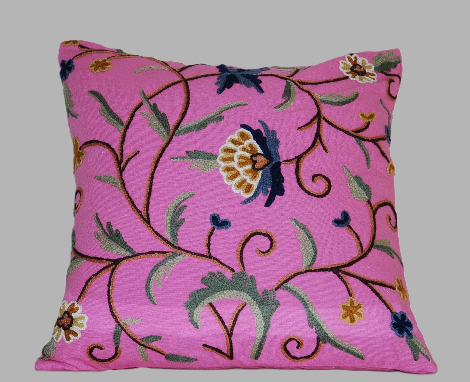 Cotton Crewel Pillow Cushion Cover Floral Pink, Multicolor #CW315