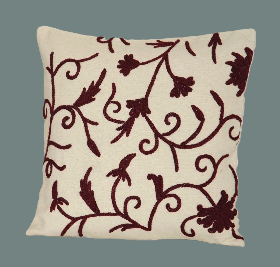 Cotton Crewel Pillow Cushion Cover "Jacobean", Maroon on Cream #CW352