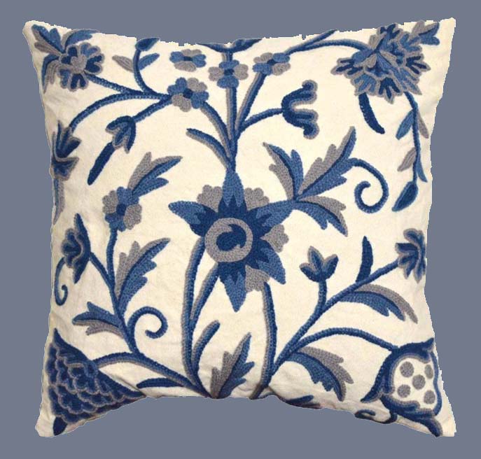 Cotton Crewel Pillow Cushion Cover "Tree of Life" Blue on White #CW402