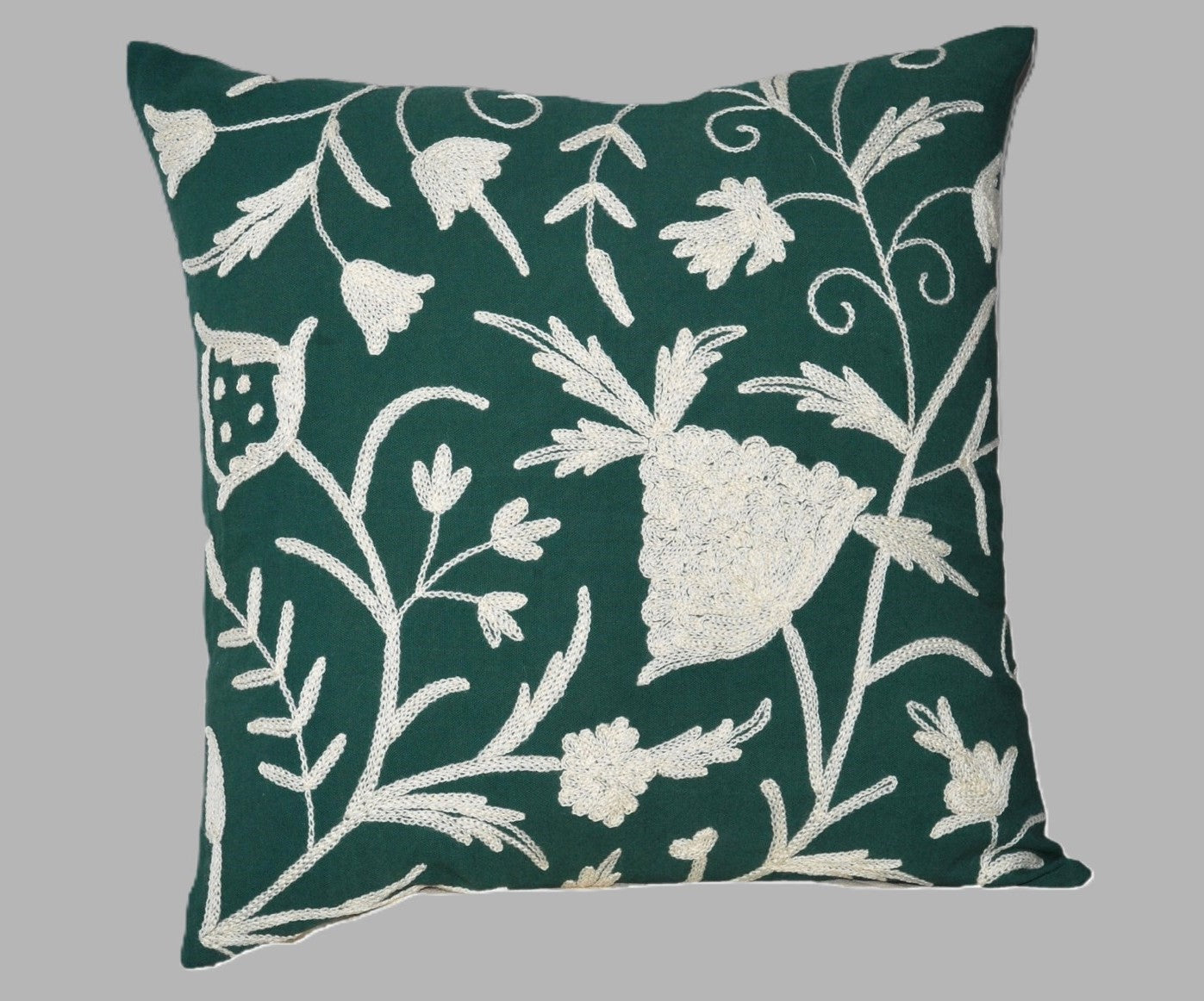 Cotton Crewel Pillow Cushion Cover "Tree of Life", White on Green #CW451