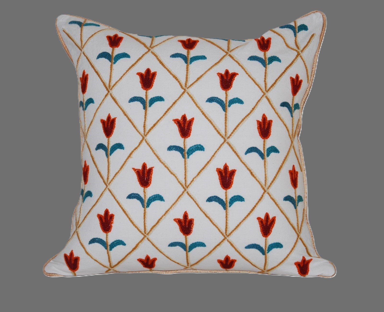 Cotton Crewel Embroidered Reversible Pillow Cushion Cover, Multicolor #CW268