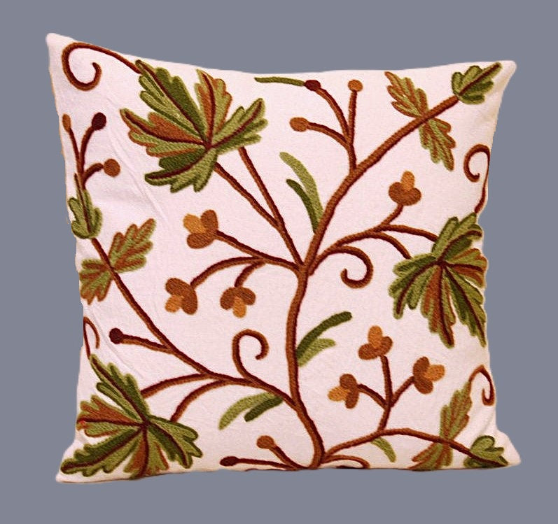 Cotton Crewel Pillow Cushion Cover "Autumn Maple", Multicolor #CW321