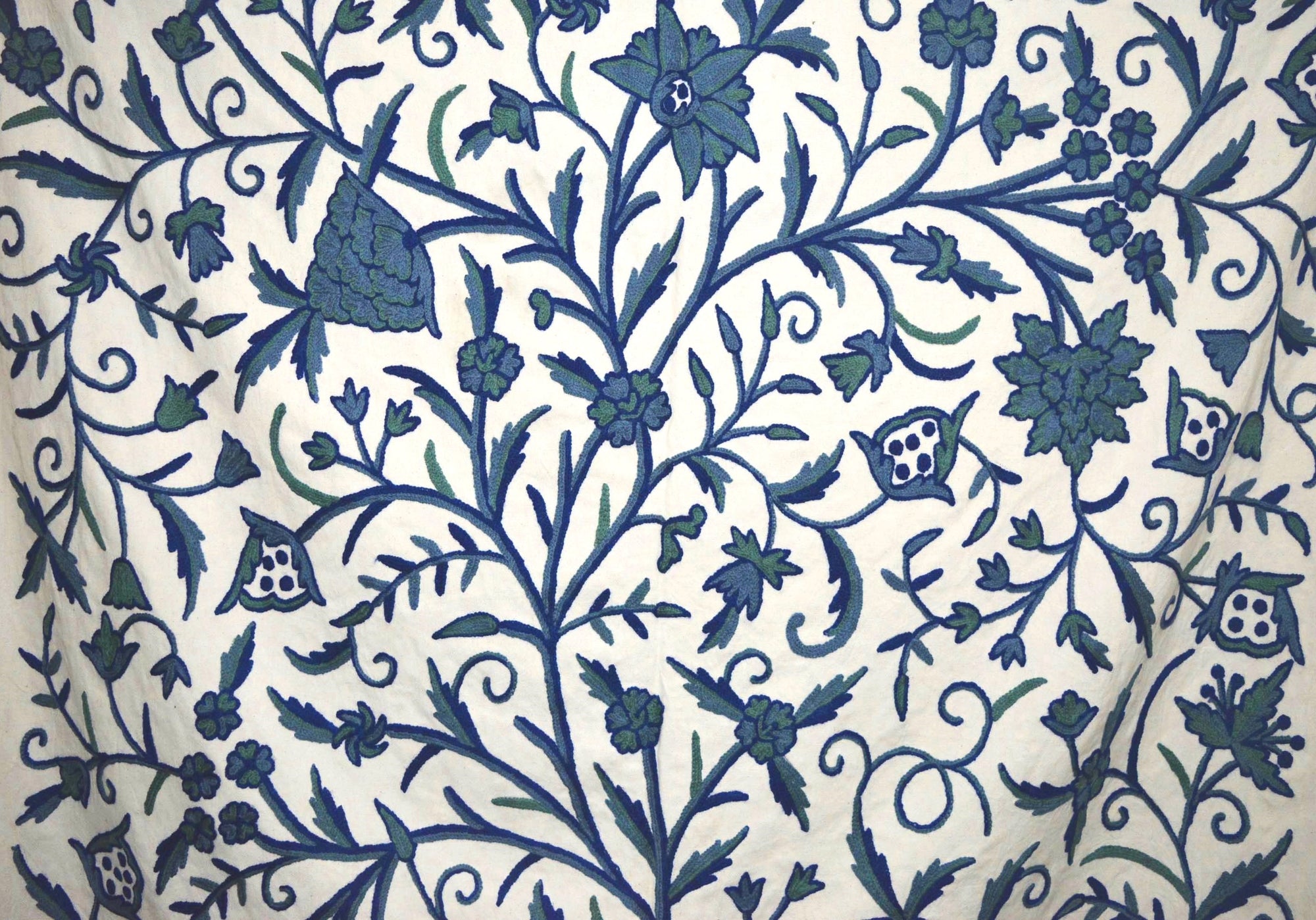 Cotton Crewel Embroidered Fabric Tree of Life, Blue on White #DDR011