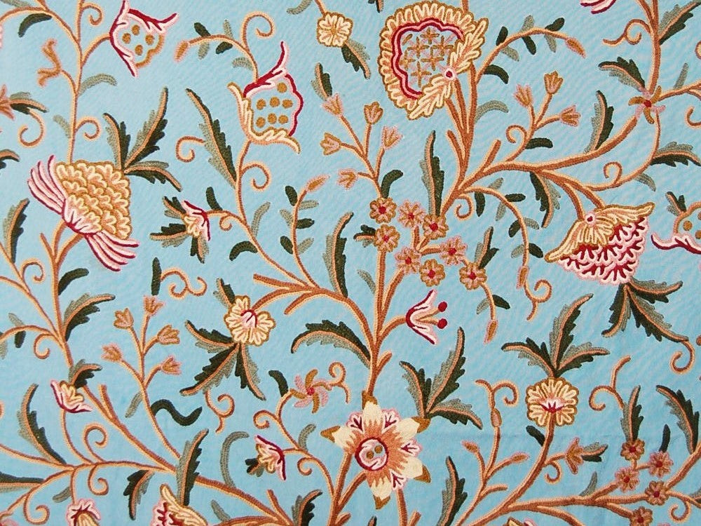 Cotton Crewel Embroidered Fabric Tree of Life Sky Blue, Multicolor #DDR201