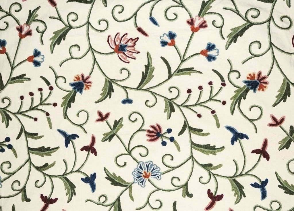 Cotton Crewel Embroidered Fabric Jacobean Cream, Multicolor #TML002