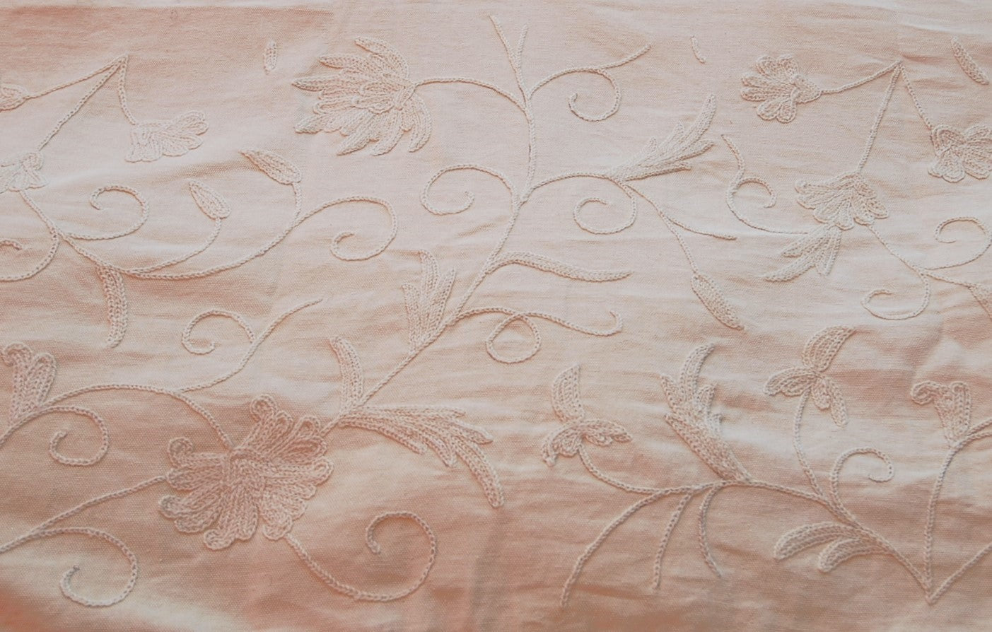 Cotton Crewel Embroidered Fabric Jacobean, Cream on Cream #TML522