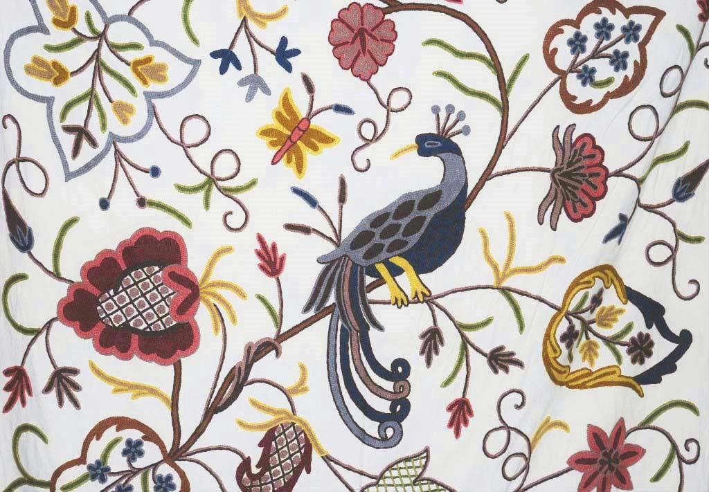 Cotton Crewel Embroidered Fabric Peacock, Multicolor #BRD802