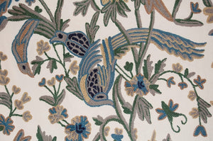 Cotton Crewel Embroidered Fabric "Birds", Blue and Grey #MHJ002