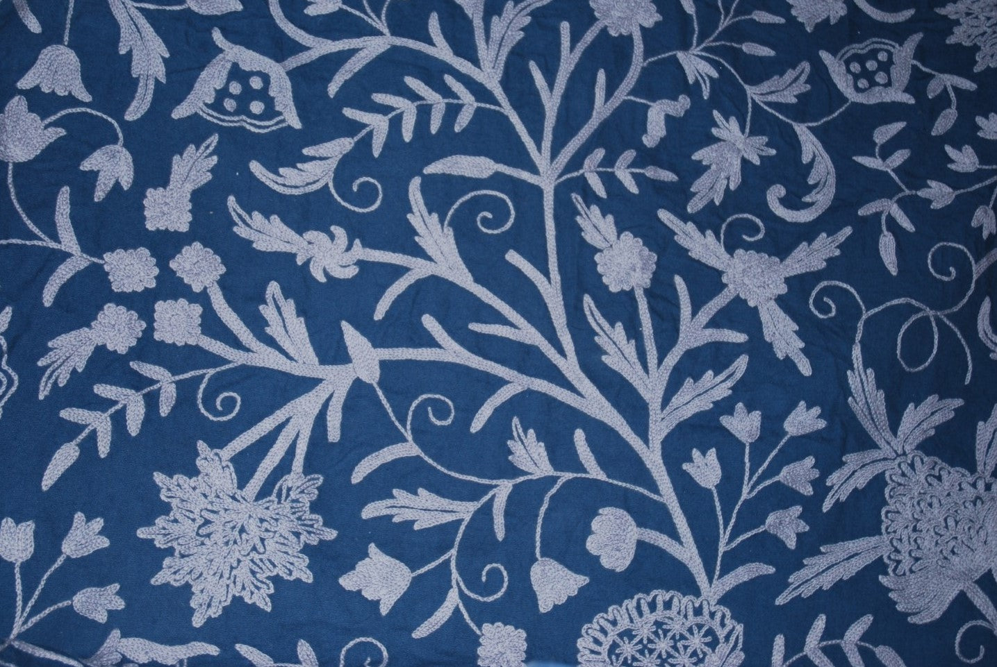 Cotton Crewel Embroidered Fabric Tree of Life, Grey on Navy #DDR055