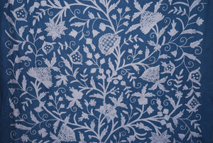 Cotton Crewel Embroidered Fabric Tree of Life, Grey on Navy #DDR055