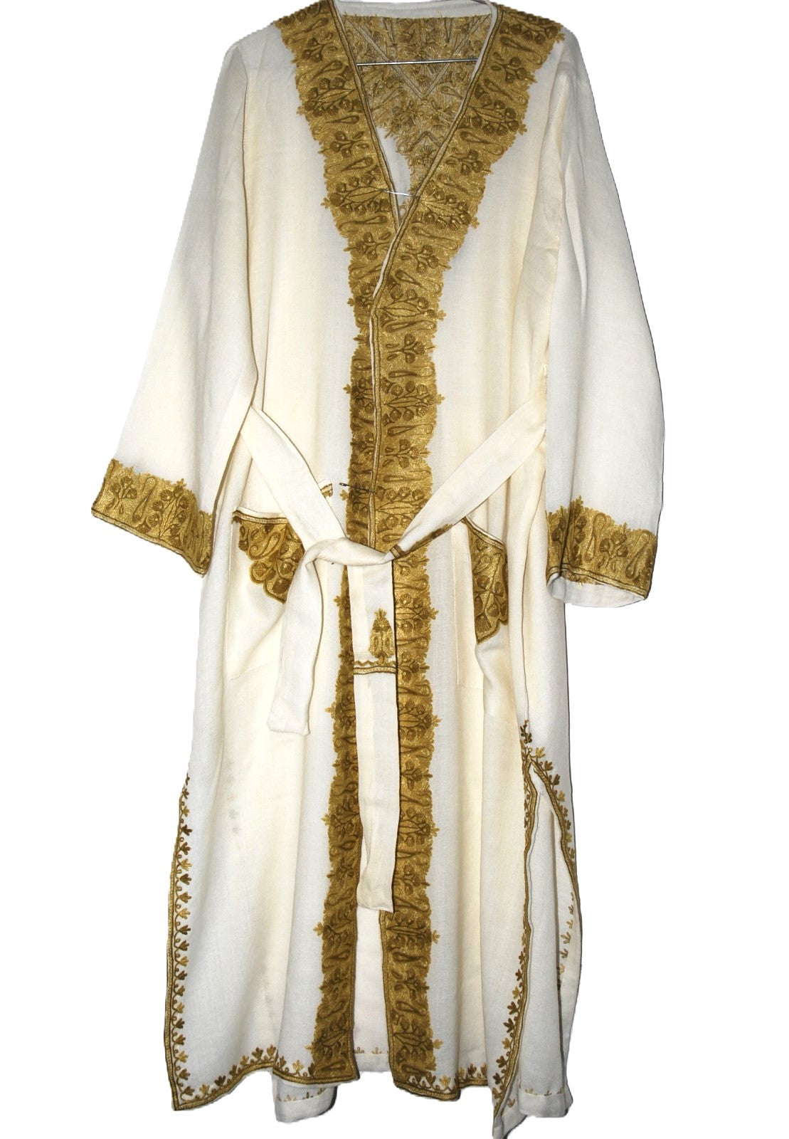 Embroidered Woolen Dressing Gown Ladies, Gold on White  #WG-018