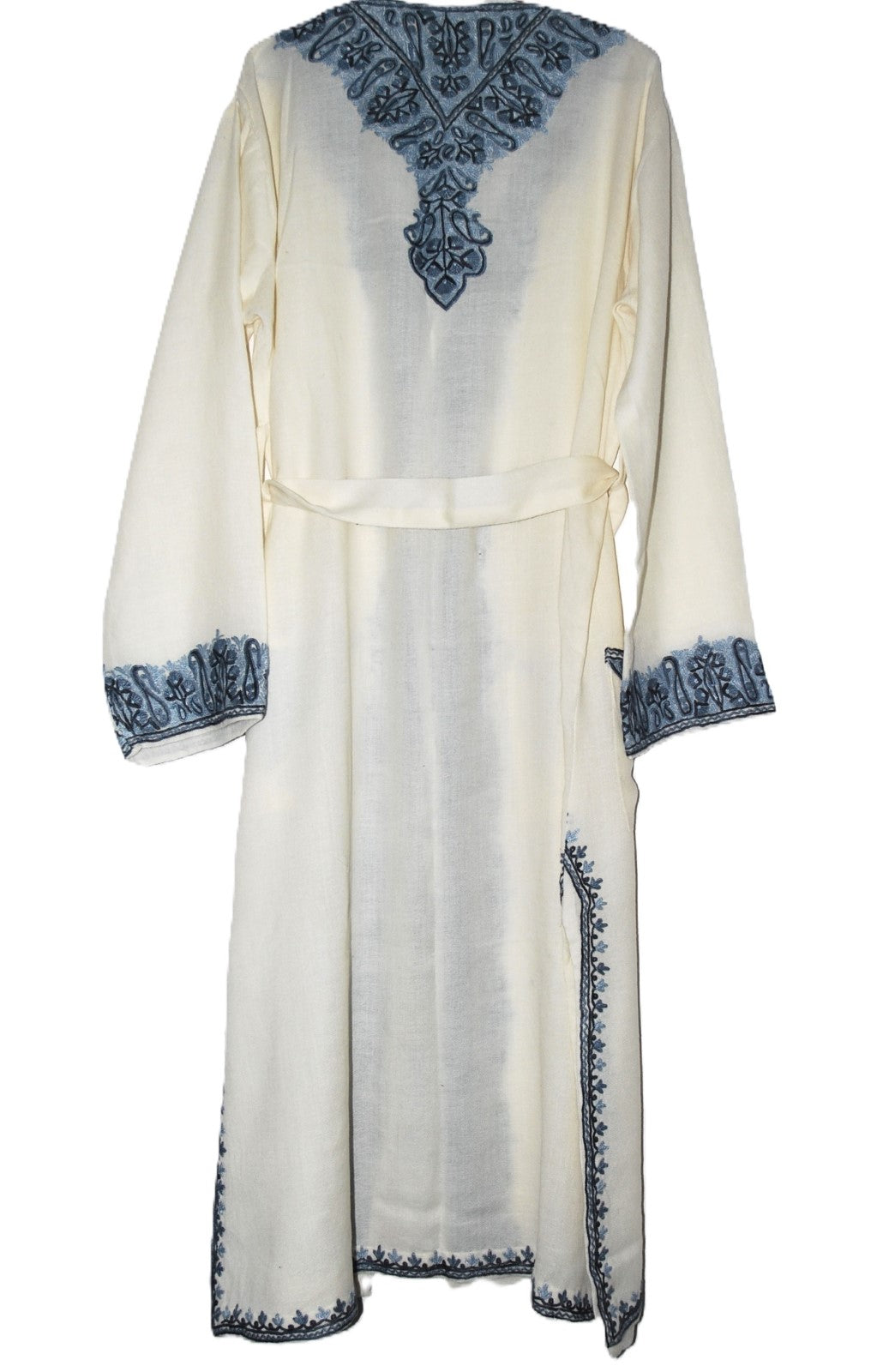 Embroidered Woolen Dressing Gown Ladies, Grey on White  #WG-021