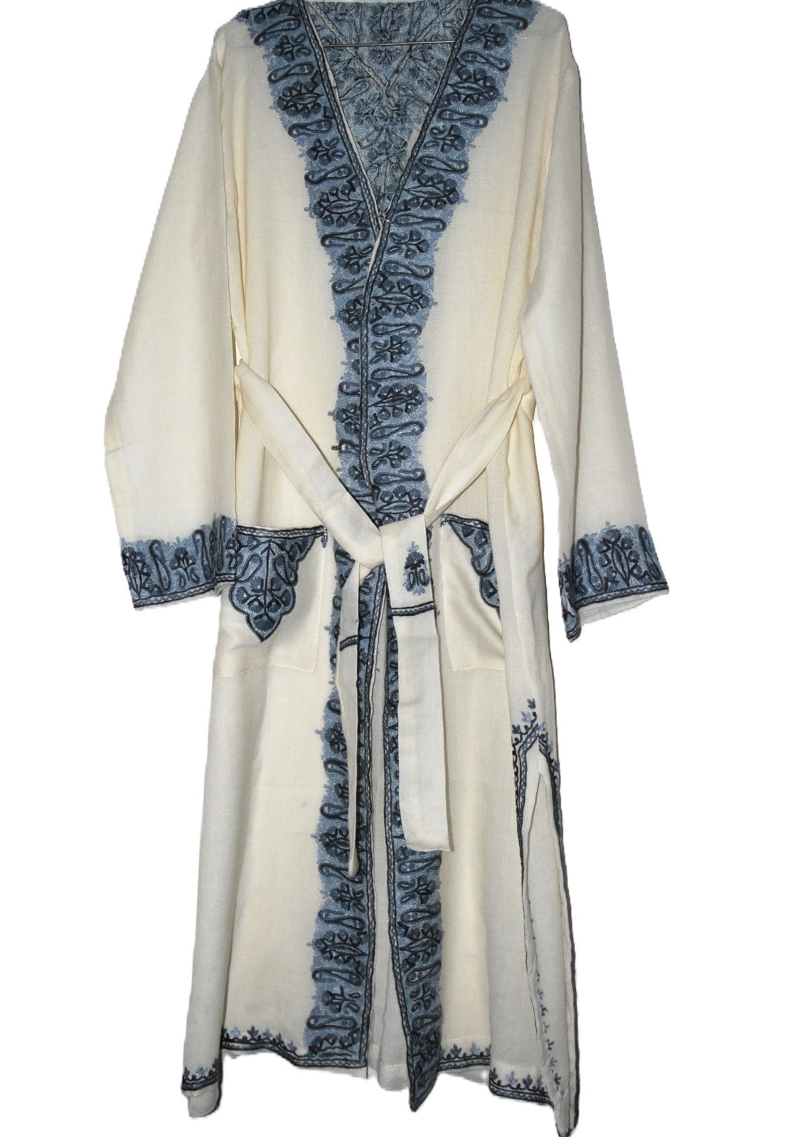 Embroidered Woolen Dressing Gown Ladies, Grey on White  #WG-021