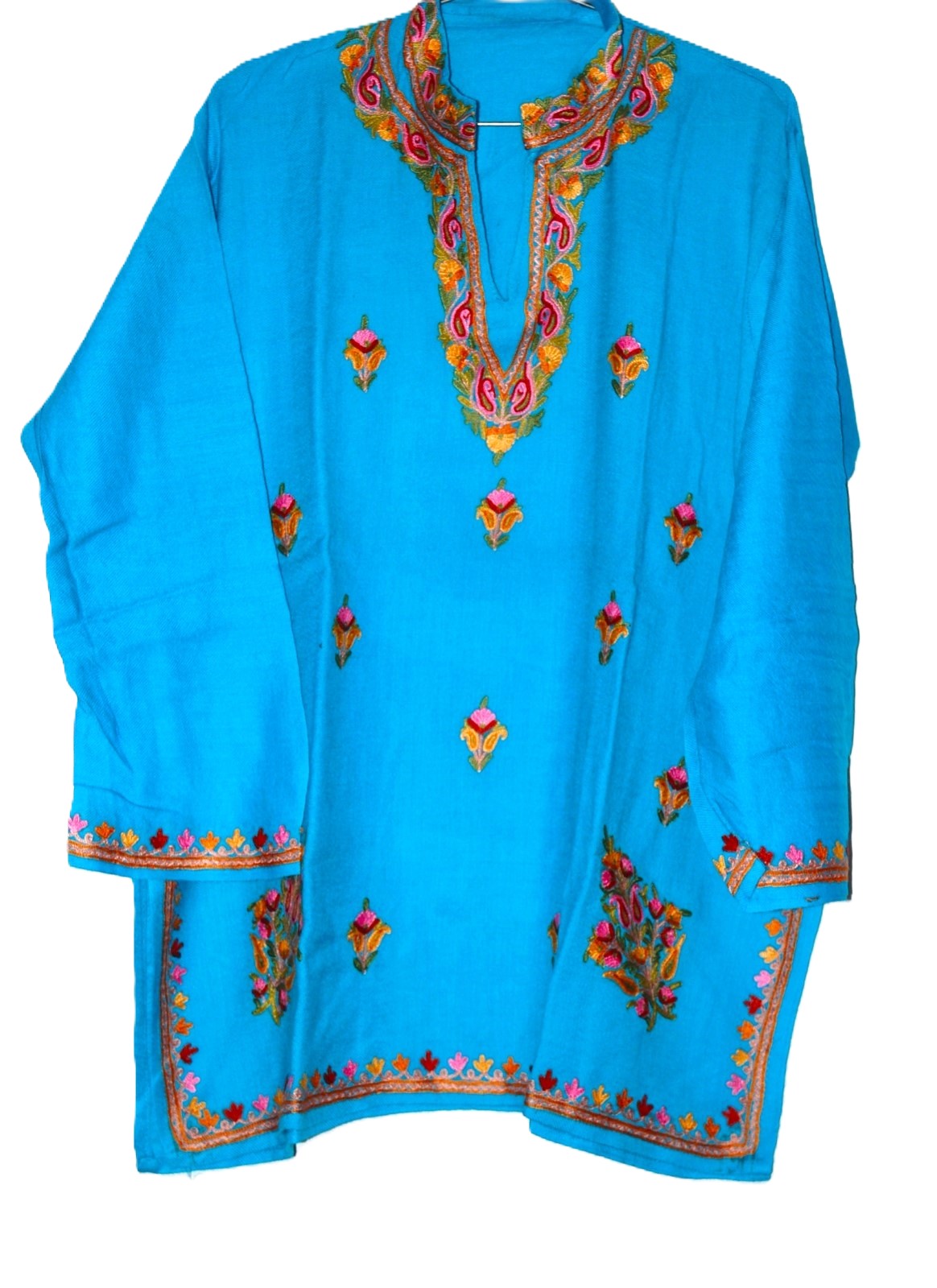 Wool Kurta Tunic Ladies Kurti Sky Blue, Multicolor Embroidery #WK-452