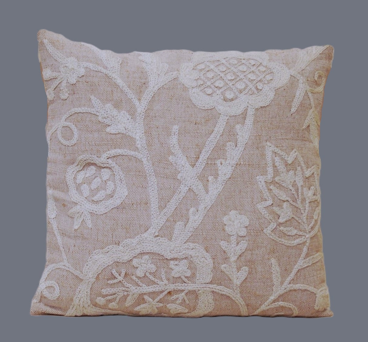 Jute Crewel Pillow Cushion Cover, White on Beige #CW921