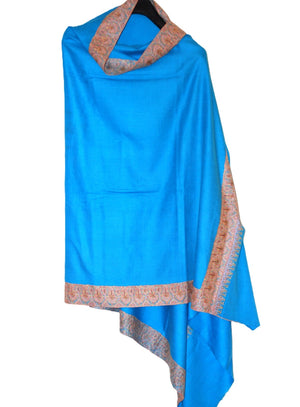 Kashmir Pashmina "Cashmere" Shawl Sky Blue, Multicolor Embroidery #PDR-012