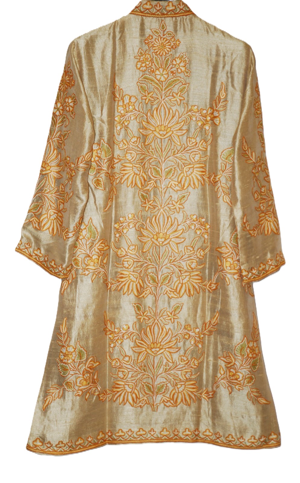 Kashmir Ethnic Silk Coat Long Jacket Gold, Multicolor Embroidery #AO-321