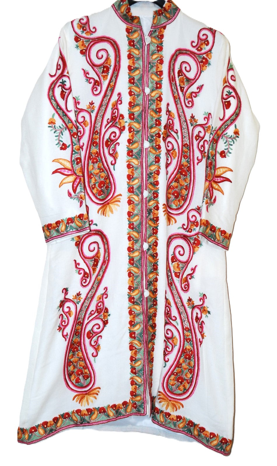 Embroidered Coat Woolen Long Jacket White, Multicolor Embroidery #AO-179