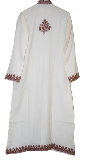 Woolen Coat Extra Long Jacket Off-White Maxi, Fawn/ Taupe Embroidery #SH-201