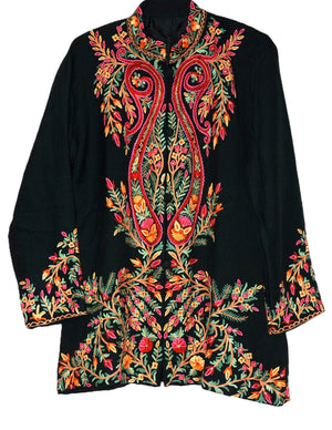 Kashmiri Woolen Jacket Black, Multicolor Embroidery #AO-003