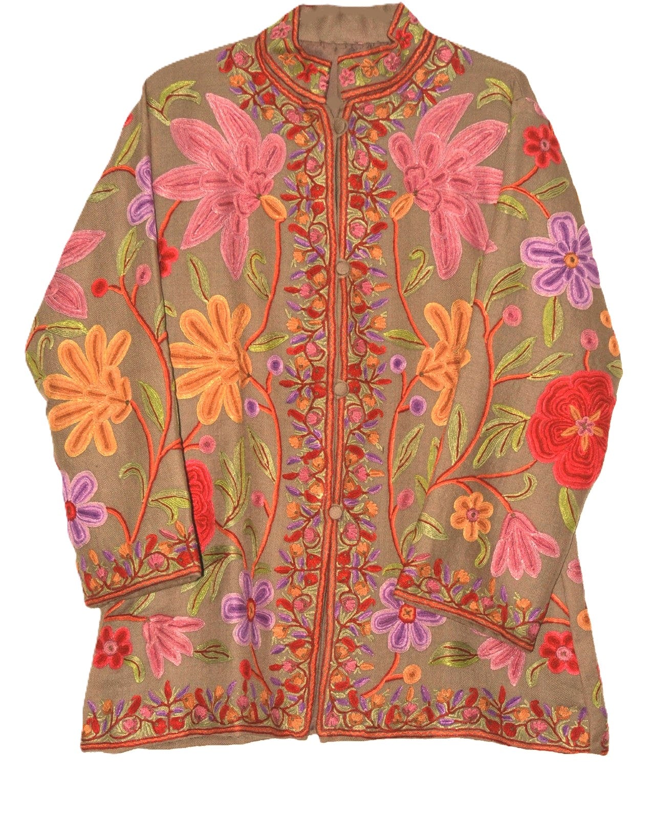 Embroidered Jacket Woolen Short Jacket Beige, Multicolor Embroidery #AO-033