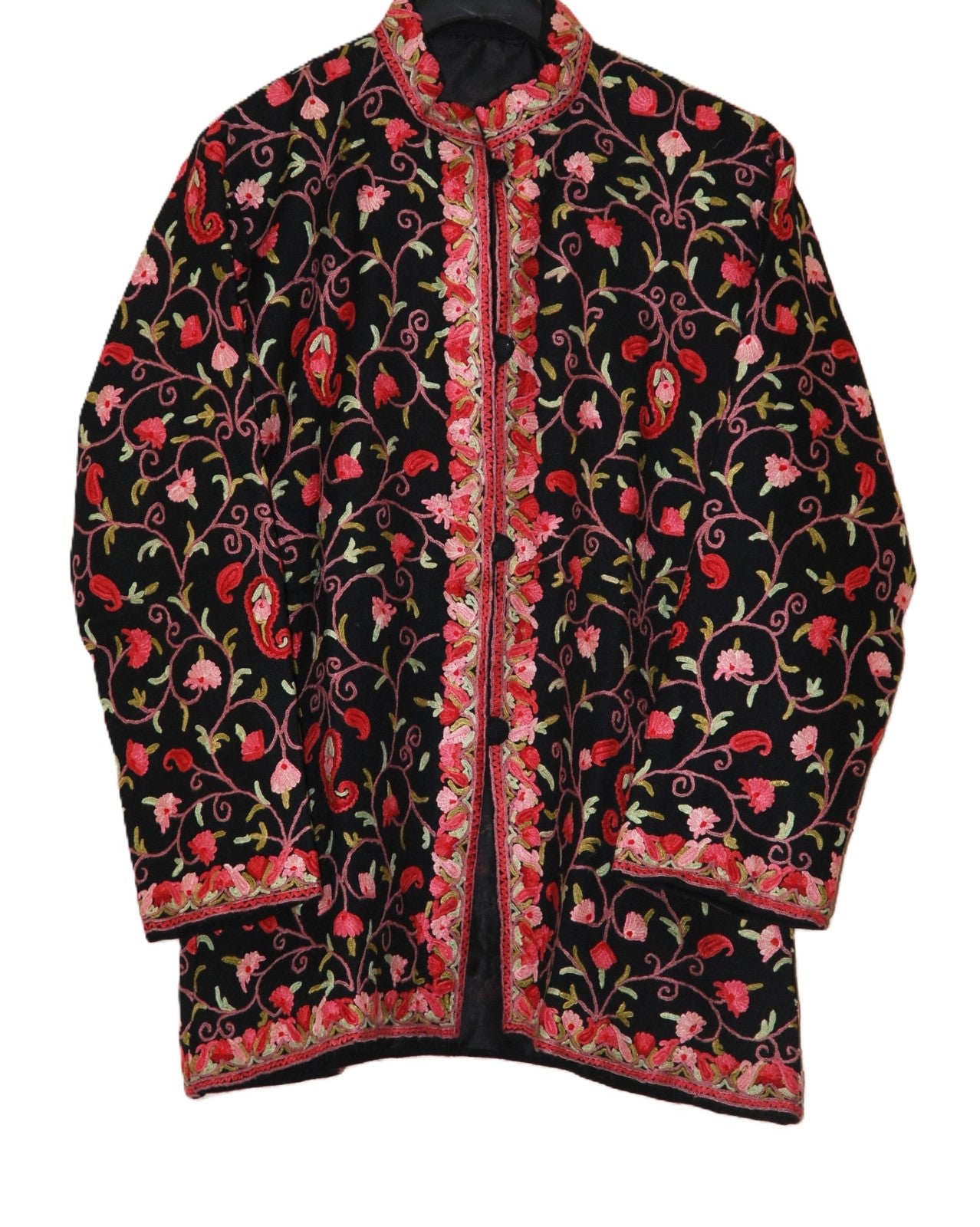 Kashmiri Woolen Jacket Black, Multicolor Embroidery #AO-038