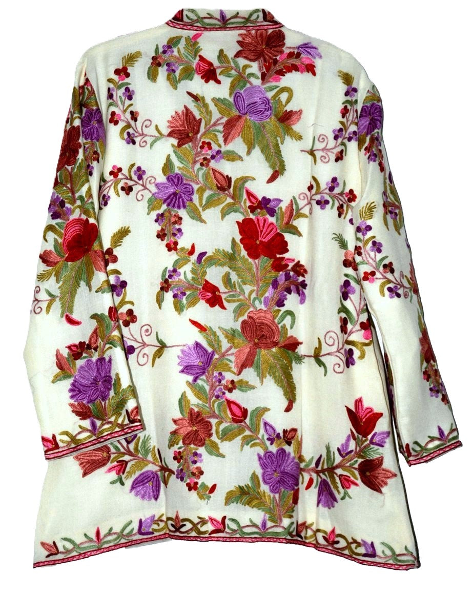 Embroidered Woolen Short Jacket Off-White, Multicolor Embroidery #AO-053