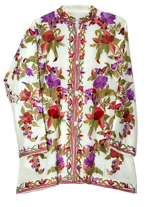 Kashmiri Woolen Jacket Off-White, Multicolor Embroidery #AO-053