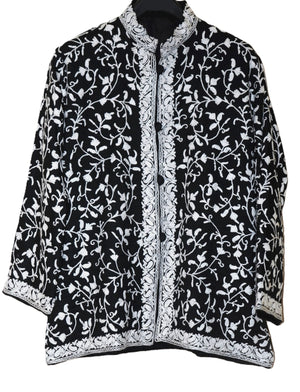 Kashmiri Woolen Jacket, White on Black #AO-054