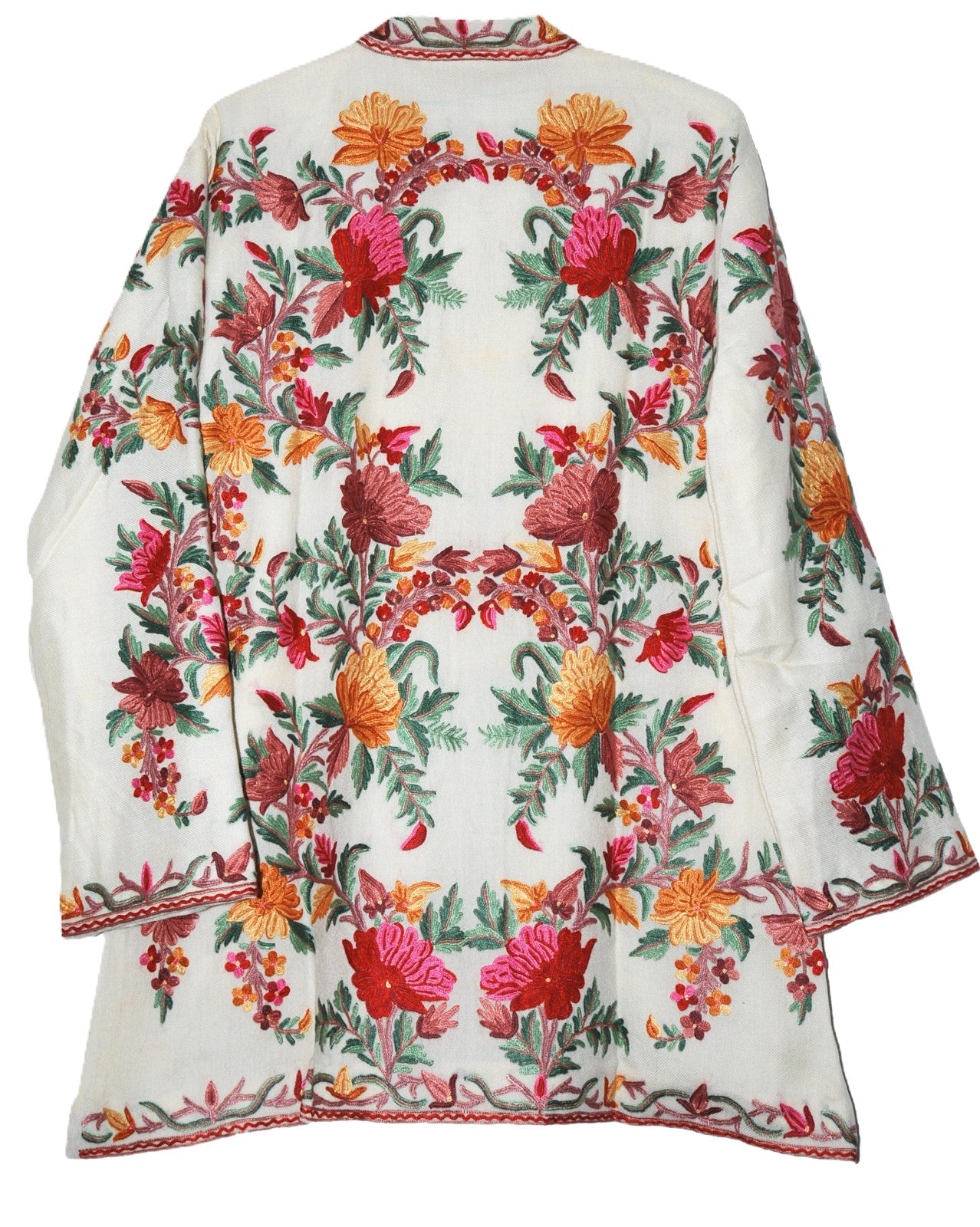 Embroidered Woolen Short Jacket Off-White, Multicolor Embroidery #AO-055