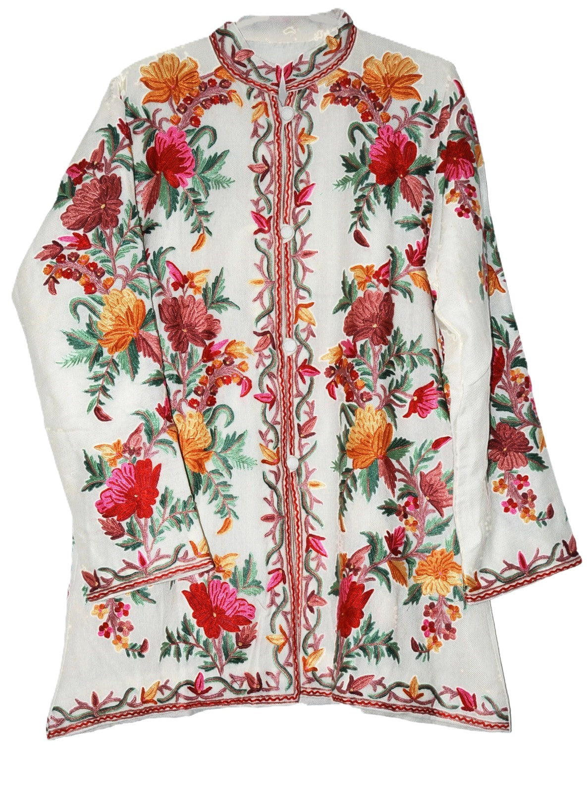 Embroidered Woolen Short Jacket Off-White, Multicolor Embroidery #AO-055