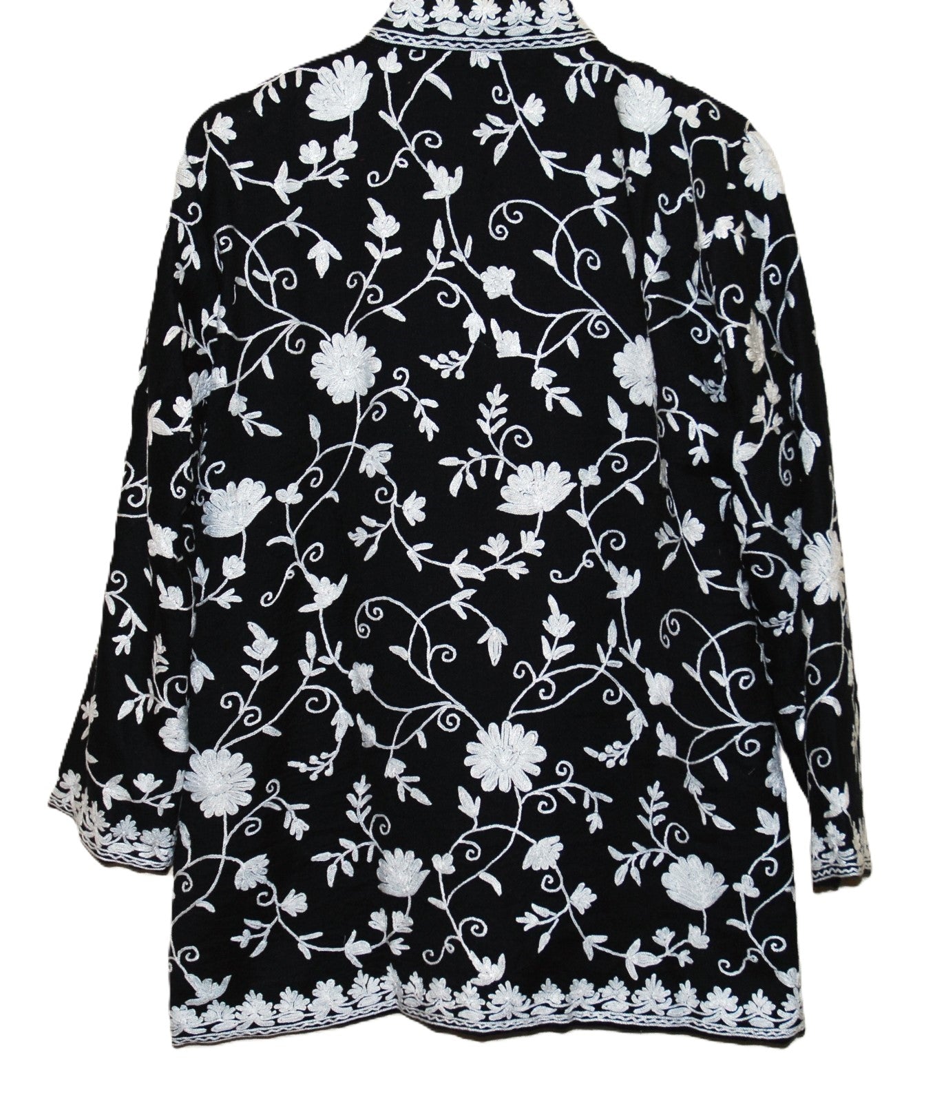 Floral Embroidery Kashmiri Woolen Jacket, White on Black #AO-056