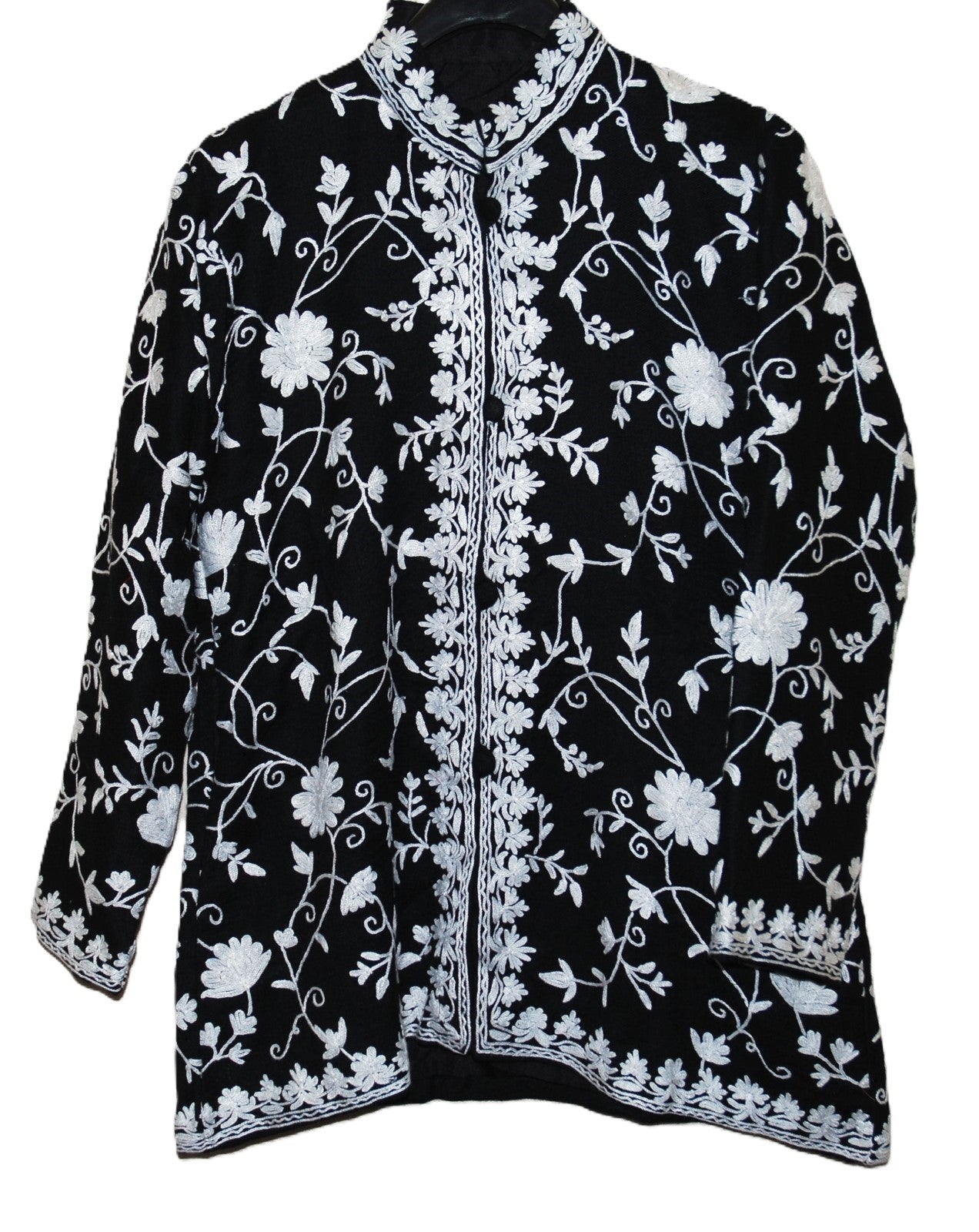 Floral Embroidery Kashmiri Woolen Jacket, White on Black #AO-056