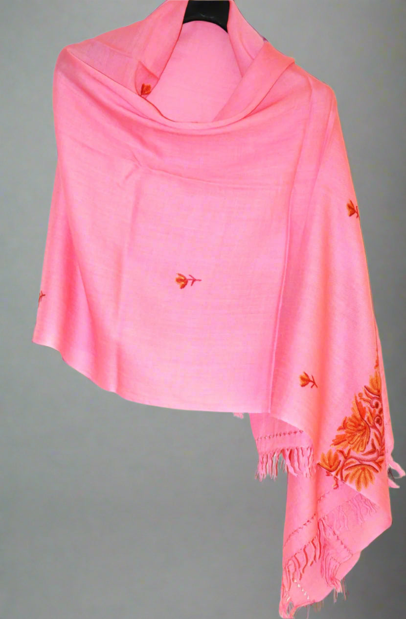 Pink Multicolor Embroidery Woolen Shawl Wrap Throw #WS-103