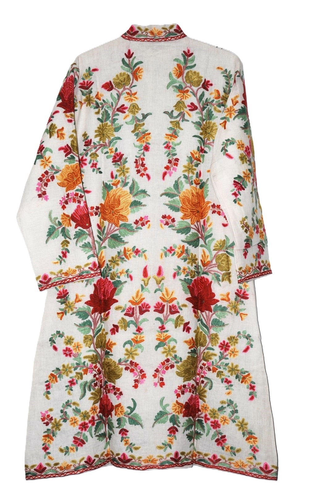 Kashmiri Linen Coat White, Multicolor Embroidery #AO-603